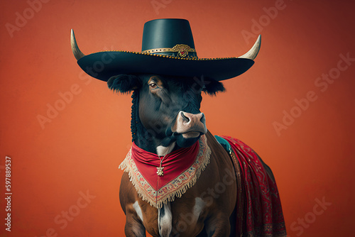proud bull in matador clothes, created with Generative AI technology photo
