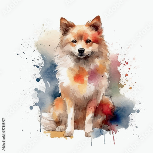 spitz pomeranian dog watercolor painting white background