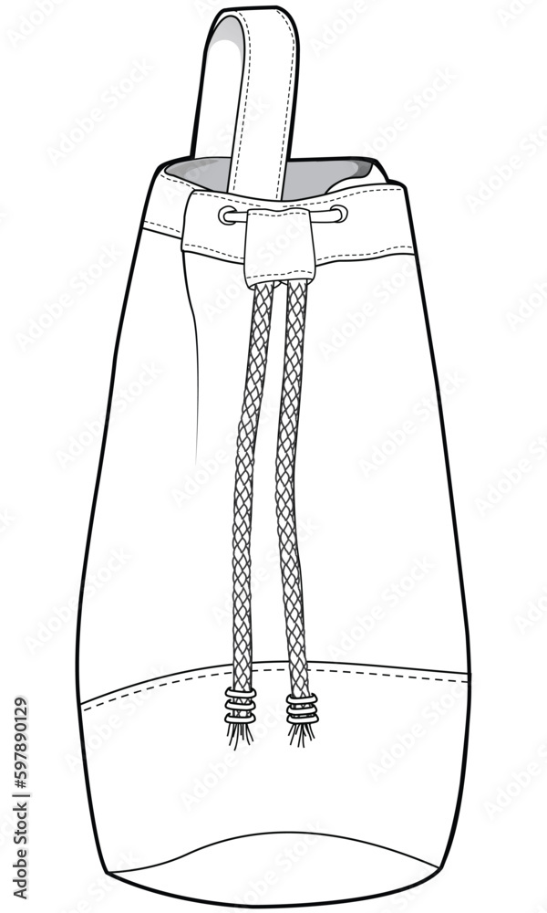 single strap bucket drawstring bag flat sketch vector illustration