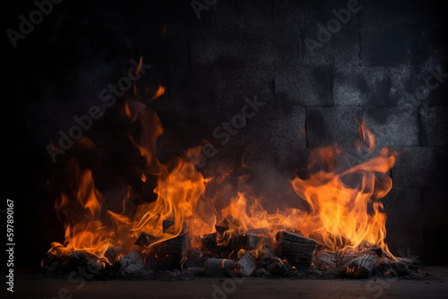 Fire with lots of flames in front of dark concrete wall Generative AI