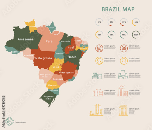 Brazil map and infographic of provinces, political maps of brazil south america, earth tone color - Vector File