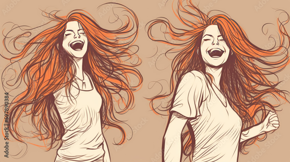 illustration of a young happy woman with red hair. Generative AI illustration of a young happy woman with red hair. Generative AI