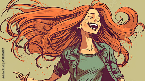 illustration of a young happy woman with red hair. Generative AI