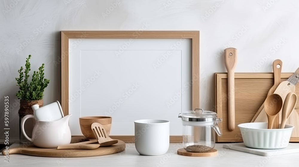 blanc white empty picture in the kitchen. Generative AI blanc white empty picture in the kitchen. Generative AI