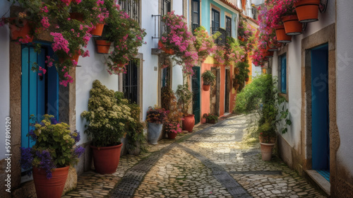 beautiful colorful flowers street in Portugal. Generative AI