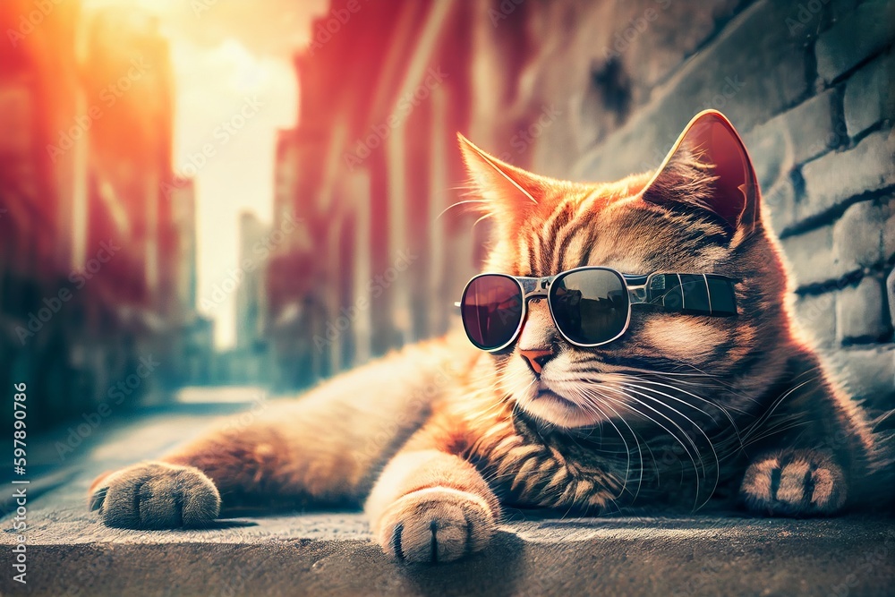 street cat with glasses with urban background, generative AI