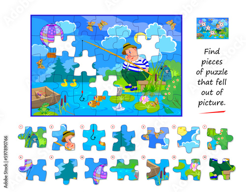 Logic game for children and adults. Find pieces of puzzle that fell out of picture. Page for kids brain teaser book. Task for attentiveness. Developing spatial thinking. Play online. Vector image.