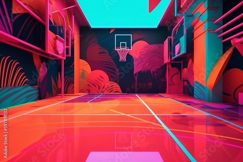 Basketball court | Artistic Basketball court | Colorful basketball court | Graffiti | Summer Vibes | Created With Generative AI photo