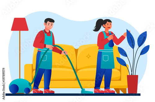 People cleaning at home. Woman and man with vacuum cleaner clean room, do household chores. Cleanliness, routine and hygiene. Janitorial service, housekeeping. Cartoon flat vector illustration