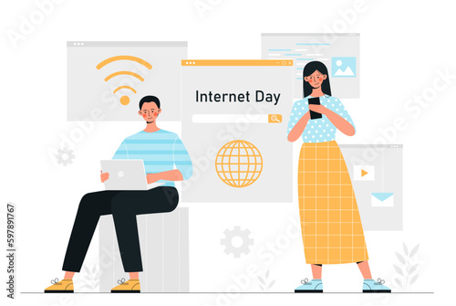 Internet day concept. Man with laptop and woman with smartphone look for information on websites, communicate in social networks and messengers. Digital online world. Cartoon flat vector illustration
