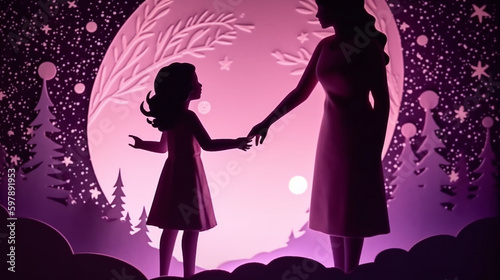 Mothers and Daughters - A Mother and Daughter Hold Hands as They Walk Through a Dark Pink and Purple Starry Night - Paper Cutout Paper Craft - Mothers Day Theme - Generative AI