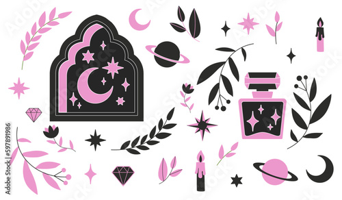 Bohemian logo decor set. Collection of icons for website. Mysticism and esotericism. Crescent with stars on window and bottle, candle. Cartoon flat vector illustrations isolated on white background