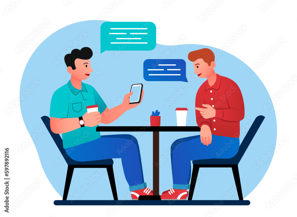 Men talking concept. Guys sitting in cafe or restaurant with caps. Students spend time together, colleagues at lunch break. Acquaintances or friends communicating. Cartoon flat vector illustration Men talking concept. Guys sitting in cafe or restaurant with caps. Students spend time together, colleagues at lunch break. Acquaintances or friends communicating. Cartoon flat vector illustration