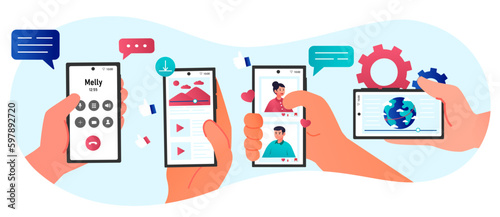 Hands with smartphones set. Collection of characters holding phones. Social networks and instant messengers, online communication. Cartoon flat vector illustrations isolated on white background