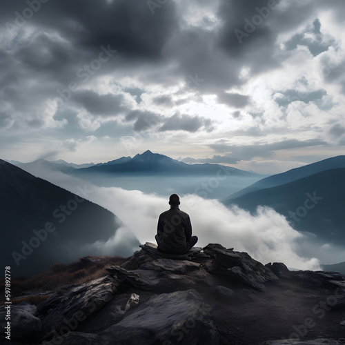 A person meditating on a mountain top with clouds drifting by, generative AI