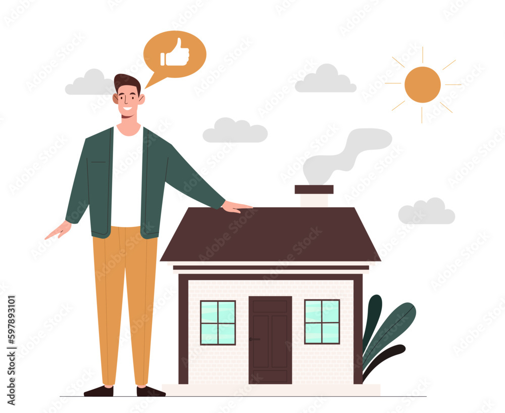 Stockvector Small house concept. Man stands near house, private property and real estate. Happy