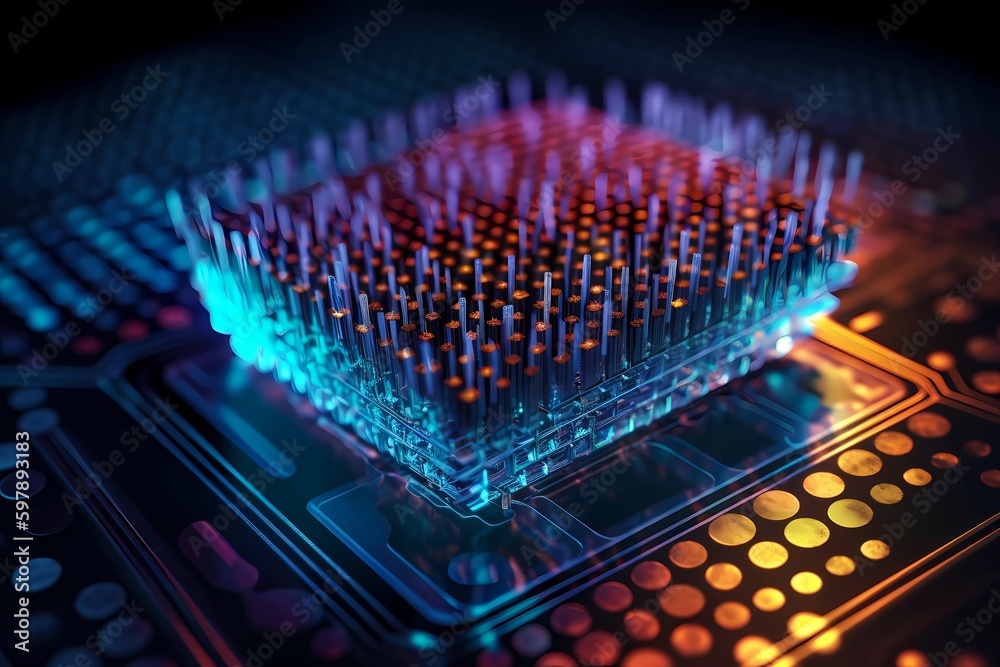Nanotechnology microchip chip board processor. Futuristic computing technology of nano electronic device macro shot. Abstract hardware future innovation or silicon hi tech background. Generative AI 
