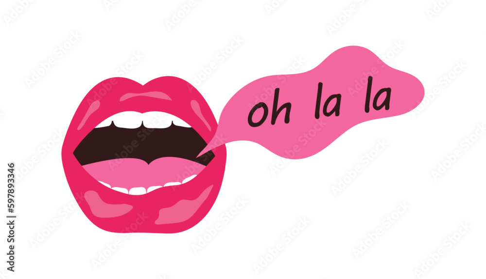 Talking female mouth concept. Lips with speech bubble oh la la. Sexuality, passion and romance. Aesthetics and elegance, luxury. Poster or banner. Cartoon flat vector illustration Talking female mouth concept. Lips with speech bubble oh la la. Sexuality, passion and romance. Aesthetics and elegance, luxury. Poster or banner. Cartoon flat vector illustration