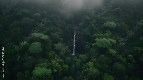Rainforest covered In Mist With Waterfall