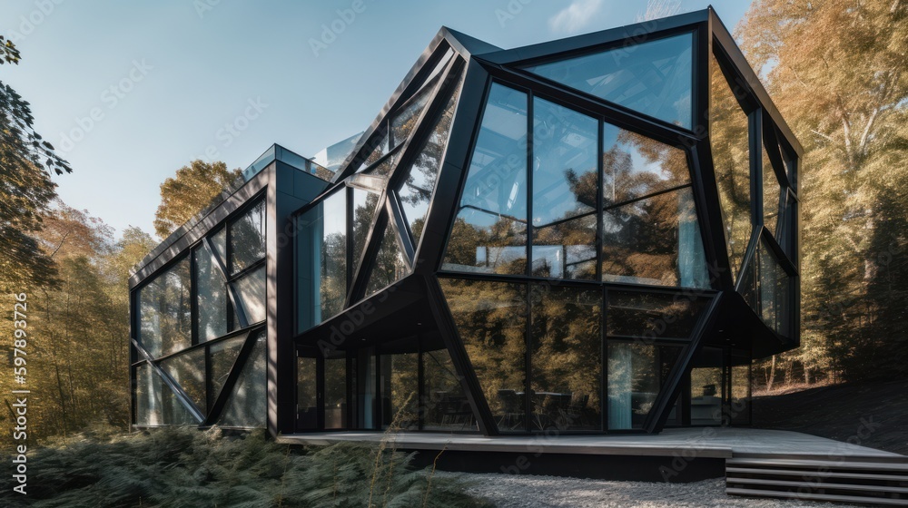 A bold angular structure with floor-to-ceiling windows. House exterior design. AI generated A bold angular structure with floor-to-ceiling windows. House exterior design. AI generated