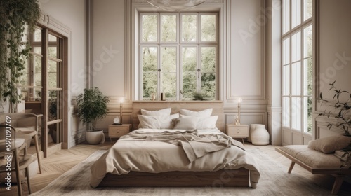 A chic and uncluttered bedroom with neutral decor. AI generated