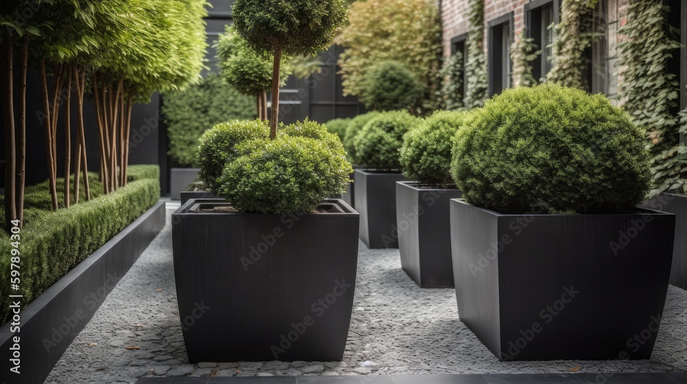 Fototapeta premium A contemporary garden with sleek metal planters and minimalist foliage. AI generated