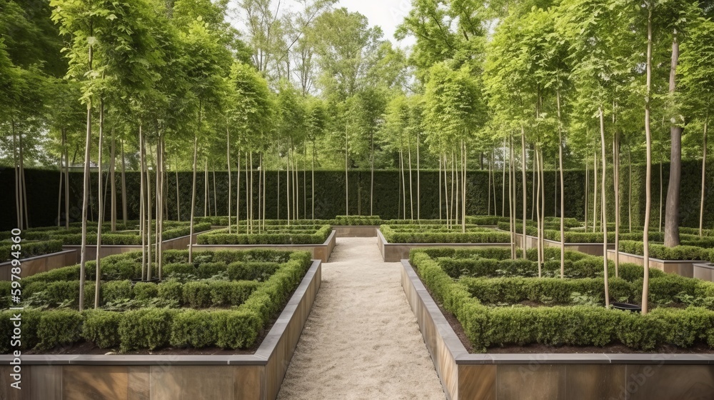 A few tall and shapely trees spread throughout the garden with low-maintenance shrubs surrounding them. AI generated