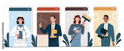 Portraits of workers. Men and women of different professions and occupations. Doctor, math teacher, worker with mop and manager with notepad. Video call or conference. Cartoon flat vector illustration