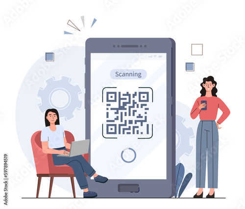 Online payment concept. Woman standing near large smartphone with QR code. Electronic transfer and transaction. Modern technologies and shopping on Internet. Cartoon flat vector illustration