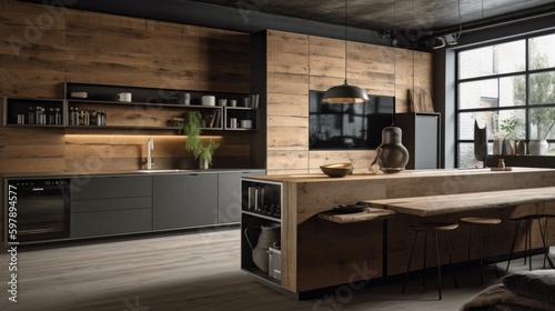 A harmonious blend of wood, metal, and concrete kitchen interior. AI generated © ArtStage