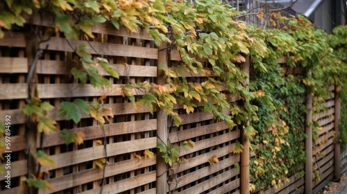 A horizontal slatted fence featuring only mature, vertical-climbing vines. AI generated