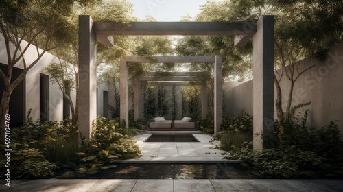 A minimalist courtyard with a chic pergola and sculptural water fountain. AI generated