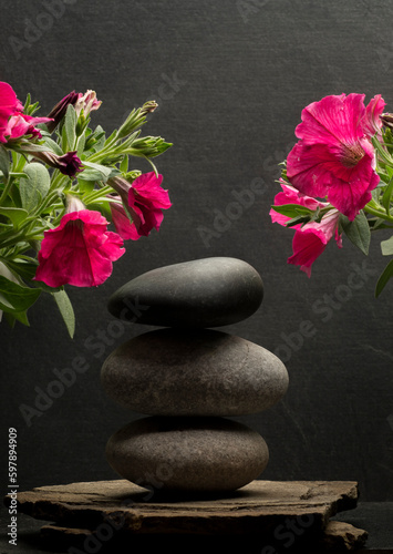 Photography stones and flowers for podium background