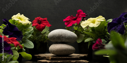 Photography a stack of zen stones on a dark background with bright multi-colored flowers for
