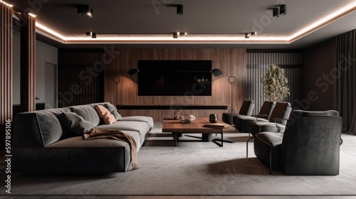 A minimalist home theater with comfortable seating and minimal decor. AI generated