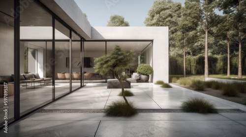 A minimalist outdoor space with polished concrete flooring and simple yet striking landscaping. AI generated © ArtStage