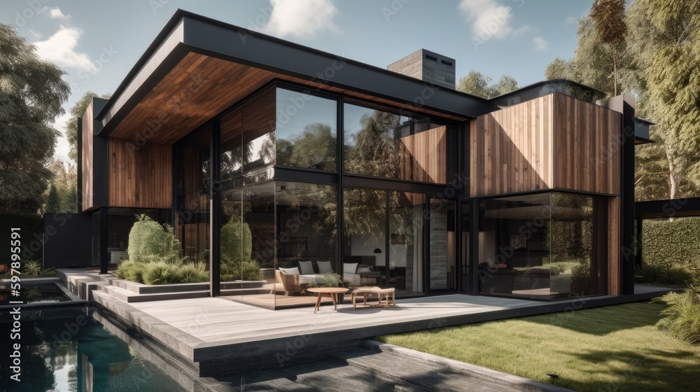 A modern and inviting home with full glass walls and a wooden facade. AI generated