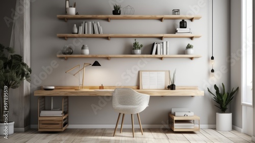 A minimalist workspace with floating shelves and simple desk. AI generated © ArtStage