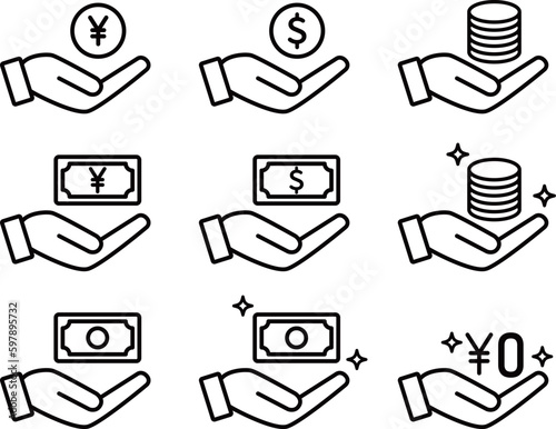 お金と手の線画アイコンのセット