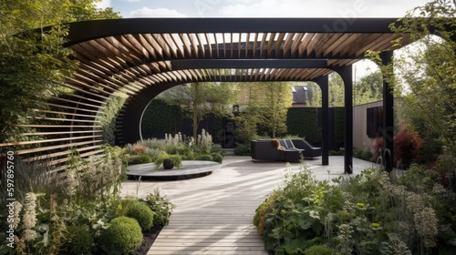 A modern garden with a clean-lined pergola and statement sculptures. AI generated