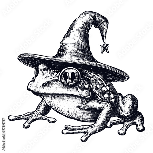 Leinwand Poster frog wizard wearing a magic hat hand drawn sketch