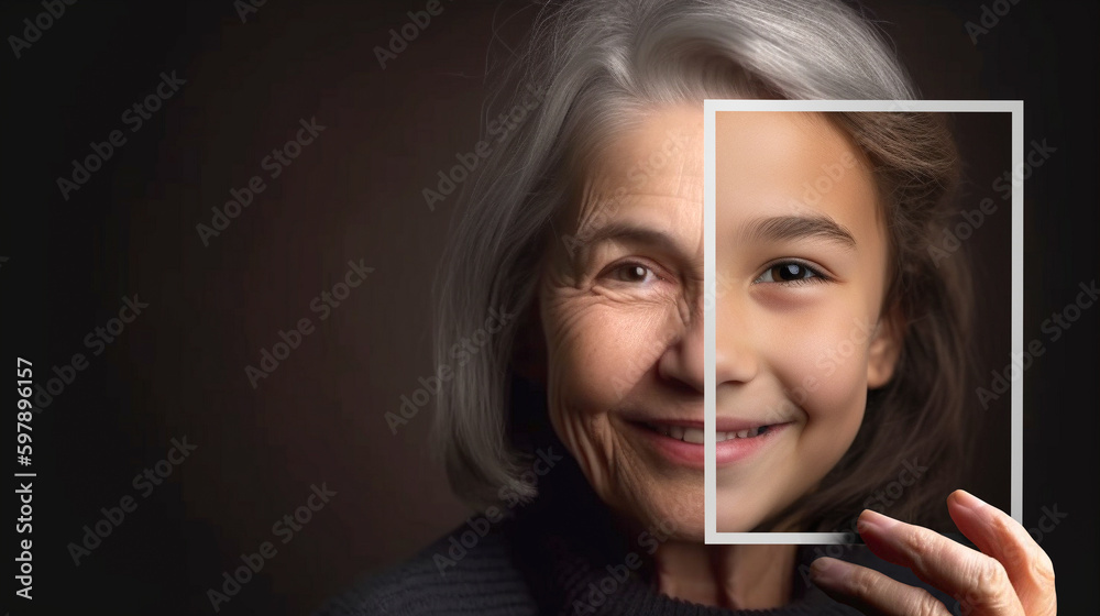 Elderly Woman With Wrinkled Skin Portrait Holding A Photo of Herself As A Young Girl With Perfect Skin - Generative AI. Elderly Woman With Wrinkled Skin Portrait Holding A Photo of Herself As A Young Girl With Perfect Skin - Generative AI.