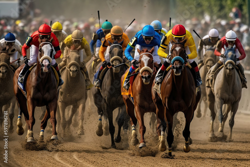 A group of jockeys riding horses down a dirt track created with Generative AI technology © Nedrofly