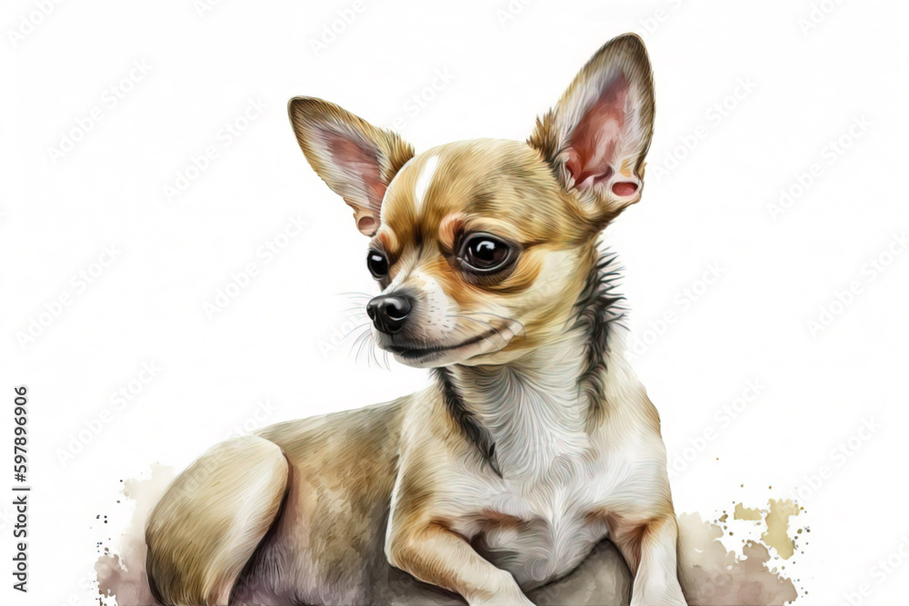 Generative AI. Portrait of a Chihuahua, a popular dog breed. Head of a toy terrier on watercolor background.