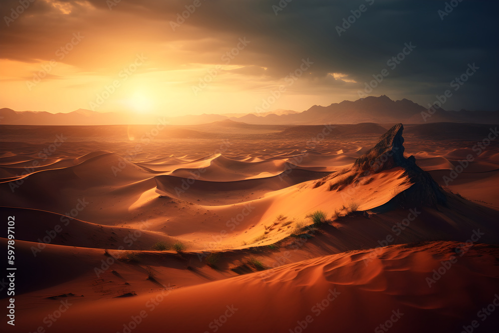 An intense sci-fi desert with a burning sun and towering sand dunes. Created with generative AI.