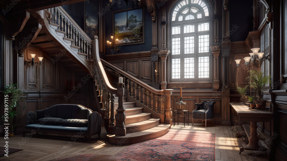 Dark academia style, victorian style mansion interior design with ...