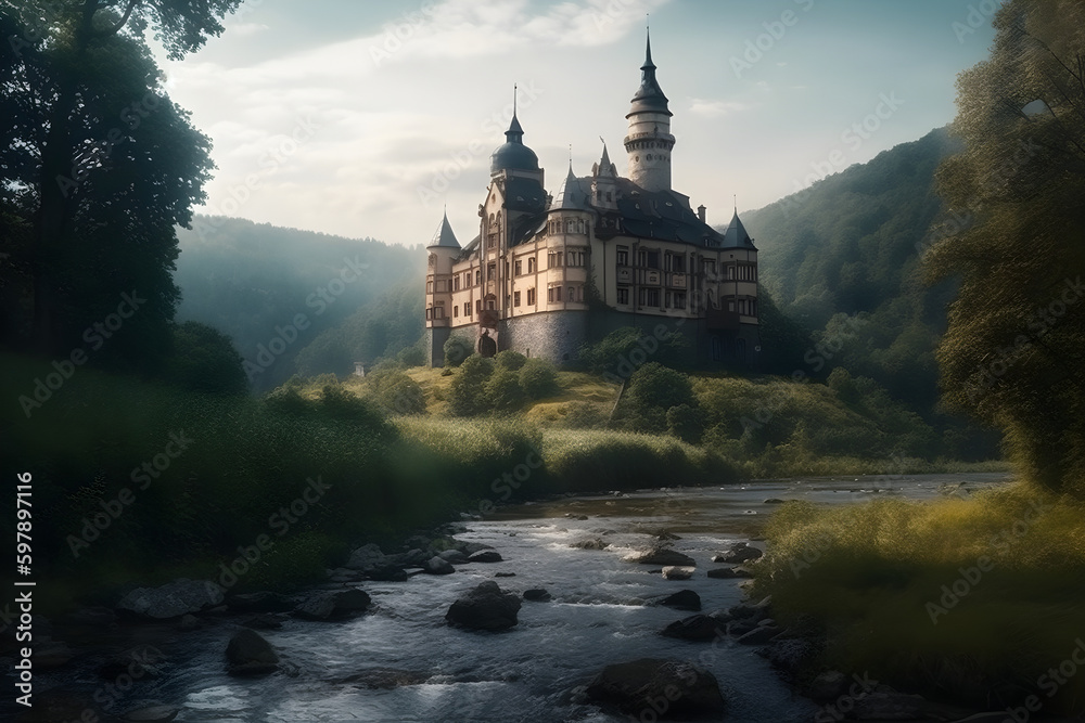 A regal medieval castle on a hill with a winding river. Created with generative AI.