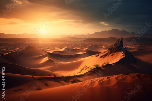 An intense sci-fi desert with a burning sun and towering sand dunes. Created with generative AI.