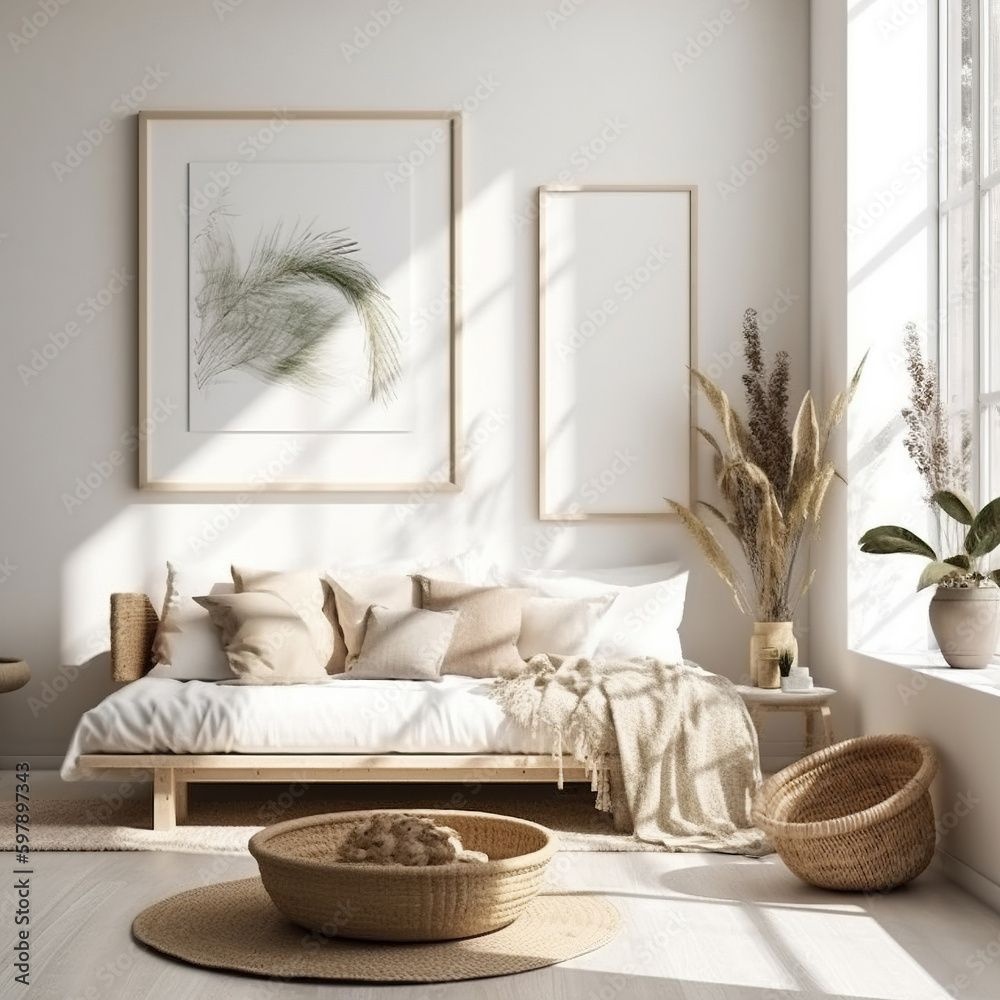 Frame mockup, cozy living room, modern nursery interior. Generative AI. Frame mockup, cozy living room, modern nursery interior. Generative AI.