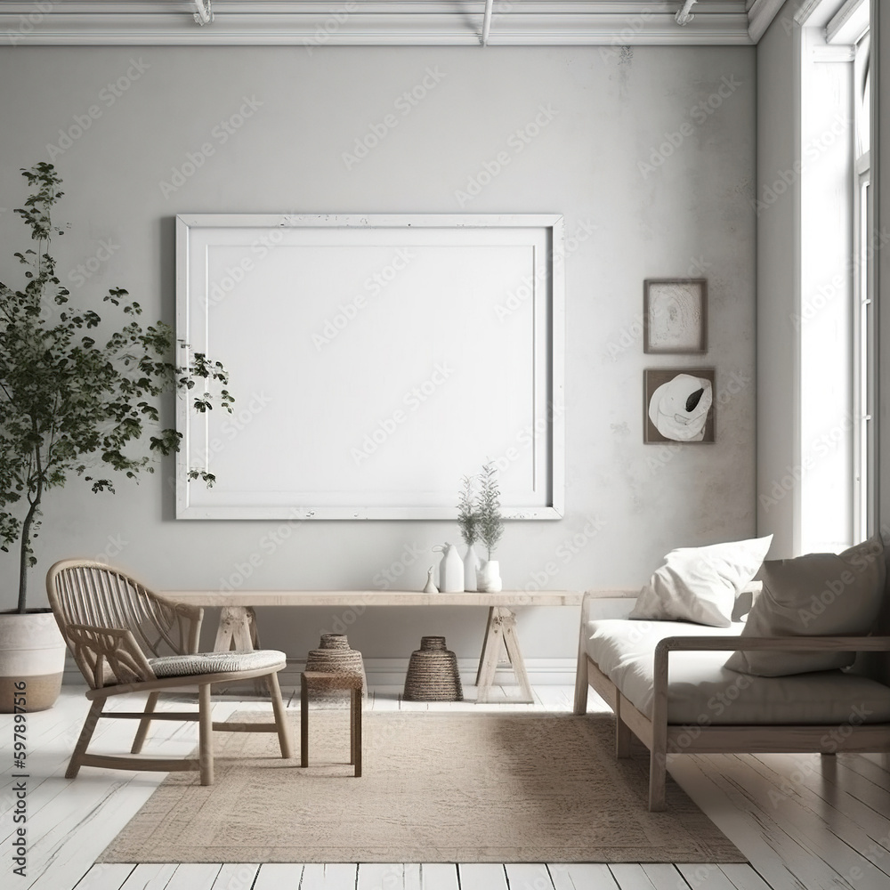 Frame mockup, cozy living room, modern nursery interior. Generative AI. Frame mockup, cozy living room, modern nursery interior. Generative AI.